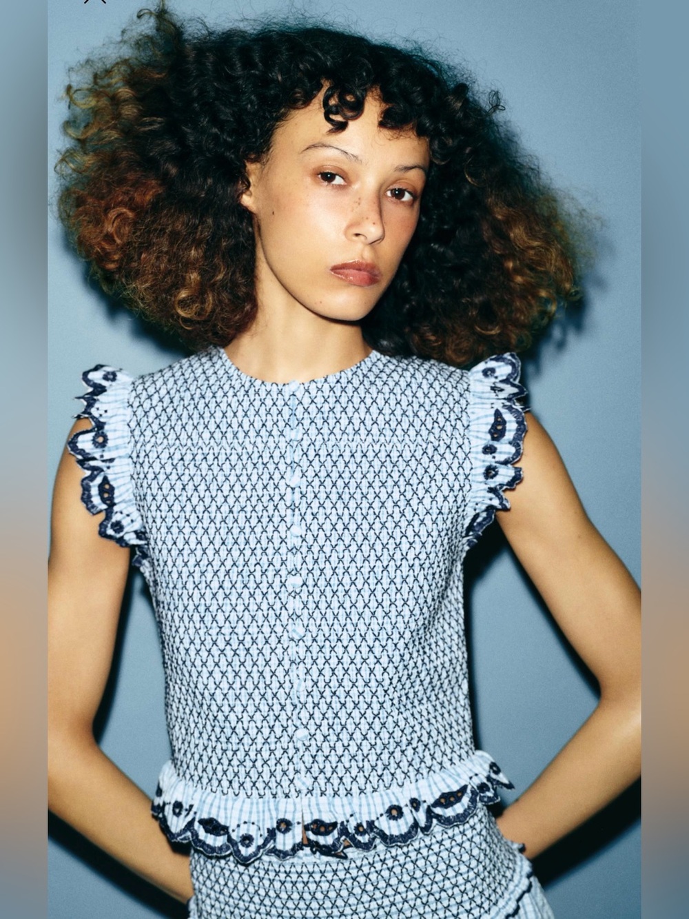 Zara Blue and White Checked Smocked Top Size Large NWT - C30-085 - Picture 1 of 7